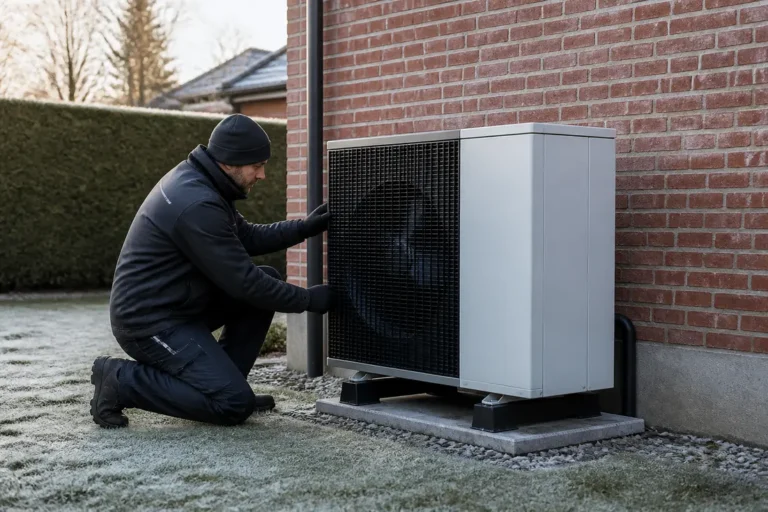 Un technicien inspecte l'unité extérieure pour comprendre comment fonctionne une pompe à chaleur par temps froid.