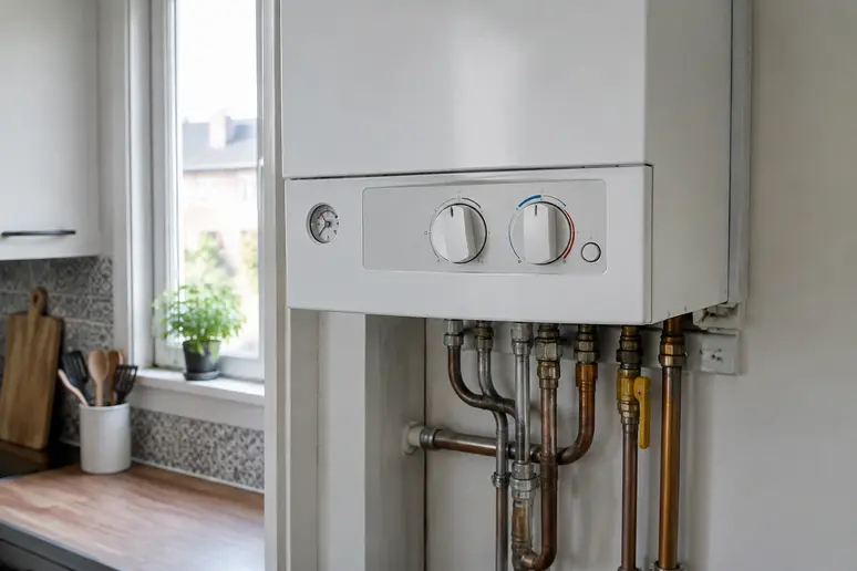 Chaudière murale au gaz installée dans une cuisine pour illustrer le mode de chauffage principal.