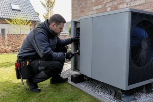 Technicien effectuant la maintenance d'une unité extérieure pour maximiser la durée de vie pompe à chaleur