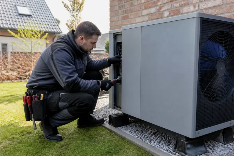 Technicien effectuant la maintenance d'une unité extérieure pour maximiser la durée de vie pompe à chaleur
