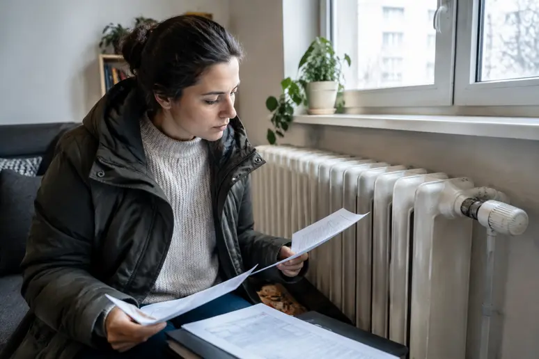 Locataire consultant les documents administratifs de l'entretien chaudière avant hiver