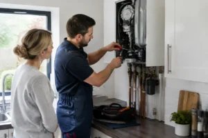 Un technicien qualifié réalise un entretien chaudière avant hiver dans la cuisine d'un appartement.