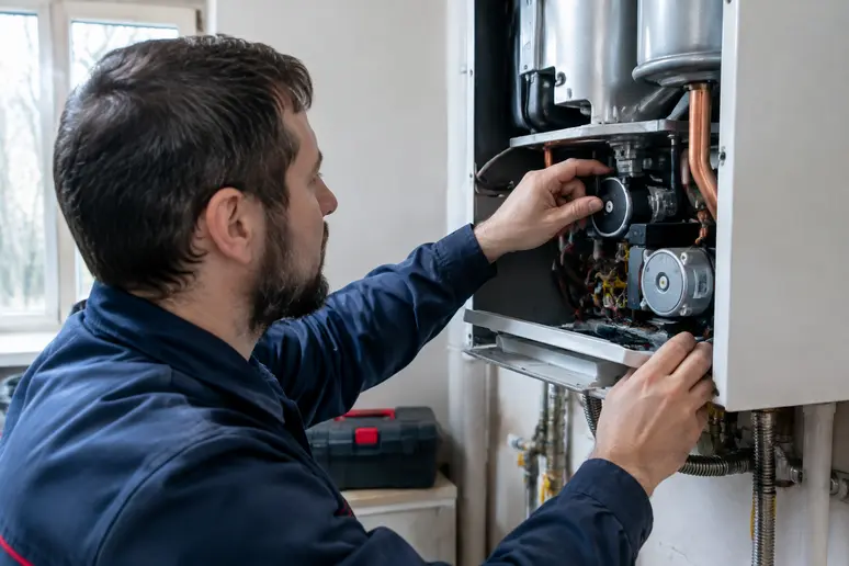 Technicien réalisant la révision annuelle d'une chaudière murale à gaz dans une buanderie