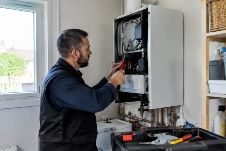 Technicien effectuant la maintenance annuelle lors d'un entretien chaudière Moselle dans une buanderie