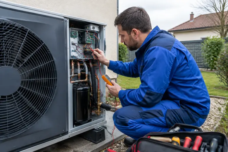Technicien effectuant le contrôle technique d'une pompe à chaleur air eau lors de sa révision annuelle