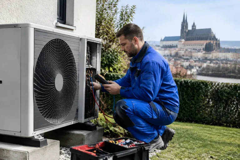 Technicien effectuant la maintenance d'une unité extérieure lors d'un entretien pompe à chaleur Metz.