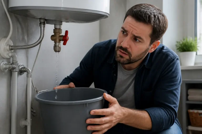 Propriétaire inspectant un chauffe-eau qui fuit dans une buanderie moderne pour évaluer les dégâts