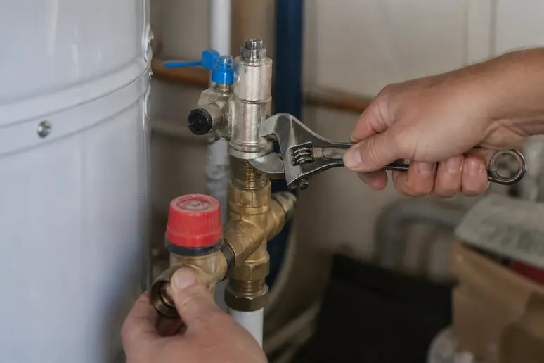 Mains utilisant une clé à molette pour le remplacement du groupe de sécurité du chauffe-eau