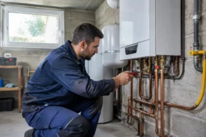 Un technicien qualifié vérifie l'installation d'une interdiction chaudières gaz dans une cave résidentielle française.