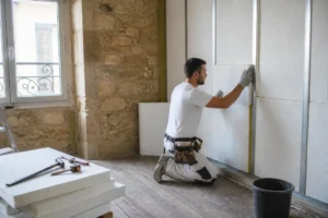 Technicien posant des panneaux thermiques lors d'une isolation logement ancien Metz dans une maison traditionnelle