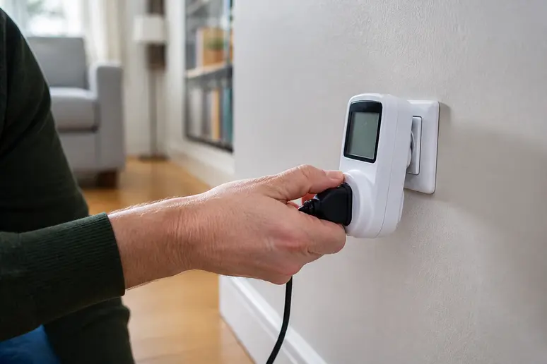 Branchement d'un wattmètre sur une prise pour mesurer la consommation électrique d'un appareil