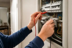 Un habitant utilise un multimètre pour mesurer consommation électrique sur le tableau de sa maison