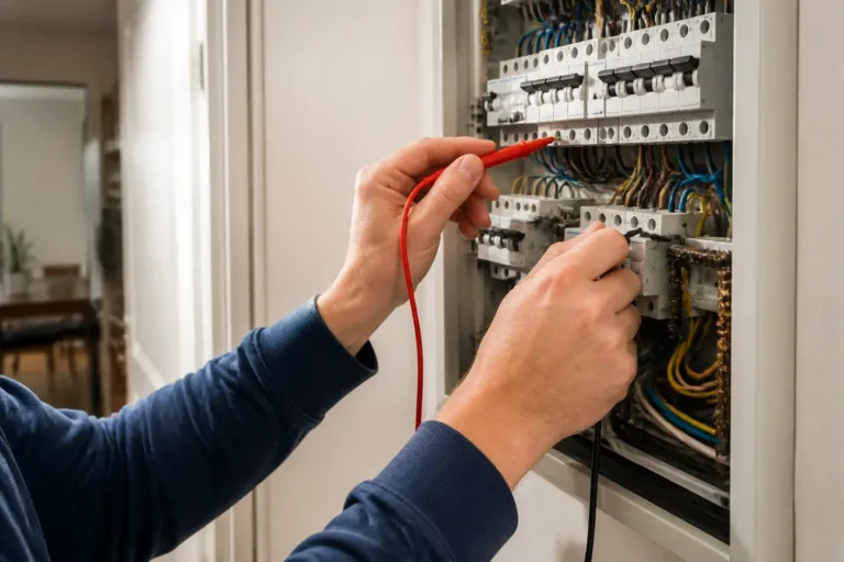 Un habitant utilise un multimètre pour mesurer consommation électrique sur le tableau de sa maison