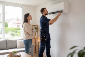Un technicien qualifié installe une PAC air air dans un salon lumineux.