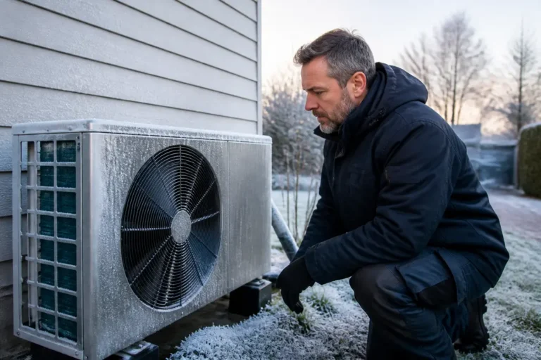 Un technicien inspecte l'unité extérieure d'une pompe à chaleur déconseillée en période de grand froid