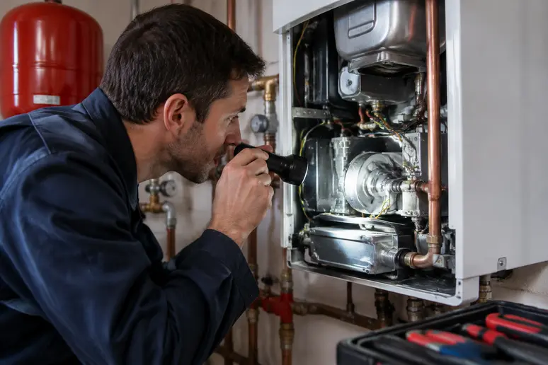 Contrôle des composants d'une chaudière gaz lors de l'entretien annuel obligatoire.