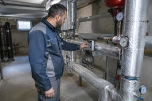 Un technicien inspecte les compteurs et tuyaux d'une sous-station pour suivre le prix chauffage urbain Metz.
