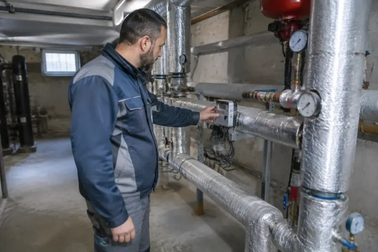 Un technicien inspecte les compteurs et tuyaux d'une sous-station pour suivre le prix chauffage urbain Metz.