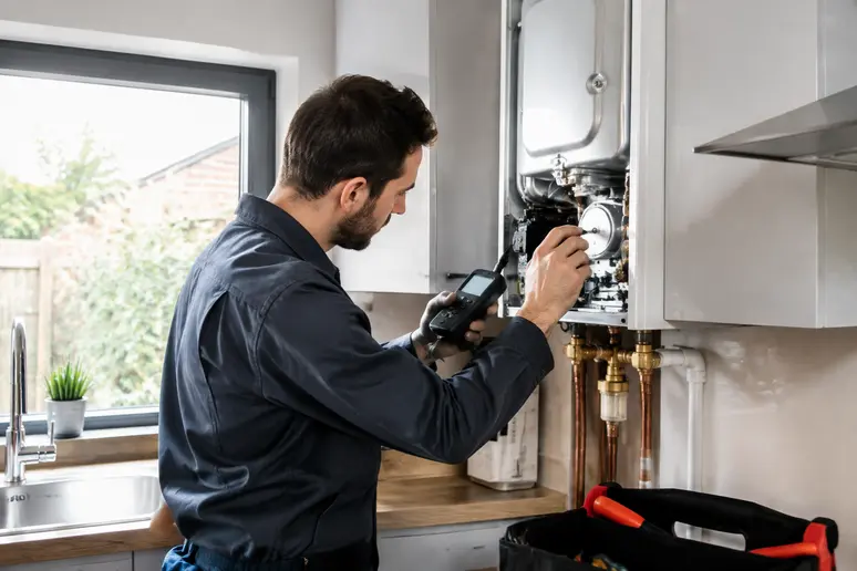 Un technicien qualifié réalise l'entretien annuel obligatoire d'une chaudière murale à gaz.