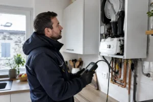 Technicien de maintenance vérifiant une installation lors d'un problème chaudière Lorraine en hiver.