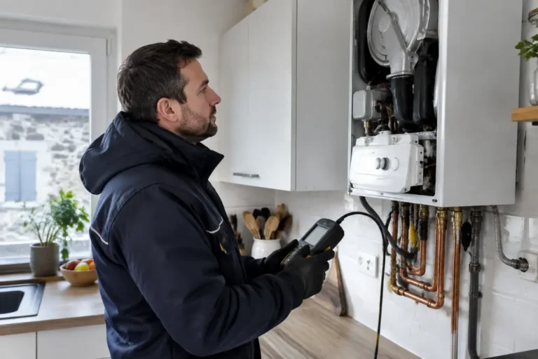 Technicien de maintenance vérifiant une installation lors d'un problème chaudière Lorraine en hiver.