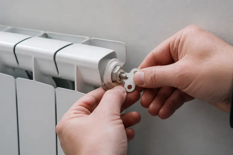 Mains utilisant une clé de purge pour dévisser la valve d'un radiateur blanc.
