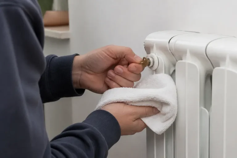 Un homme en tenue décontractée utilise une petite clé pour purger radiateur blanc dans un salon.