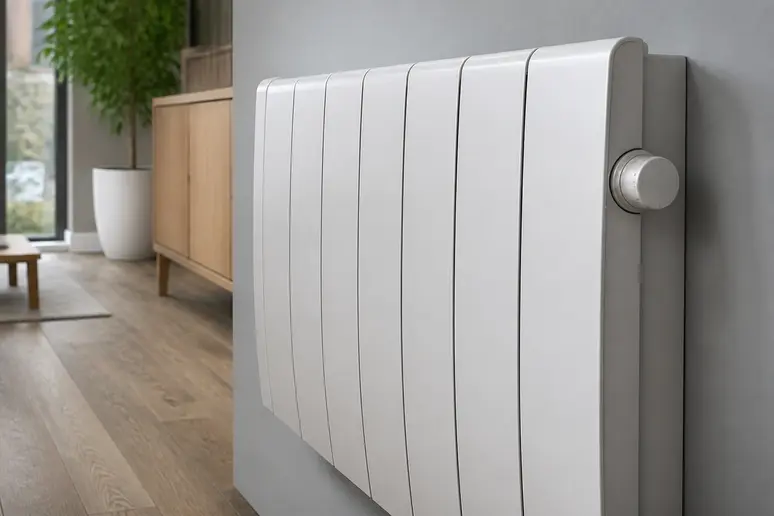 Radiateur à inertie sèche installé sur un mur blanc avec thermostat de réglage visible