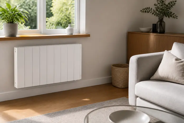 Installation d'un radiateur à inertie sèche sous une fenêtre dans un salon lumineux