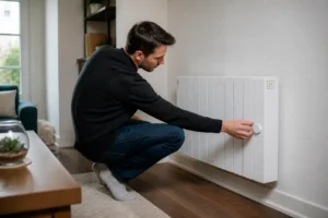 Un propriétaire ajuste la température d'un radiateur à inertie sèche installé dans son salon lumineux.