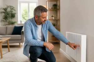Un propriétaire ajuste la température d'un radiateur électrique économique moderne dans son salon lumineux.