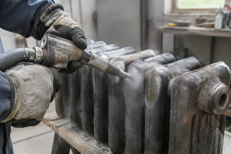 Sablage minutieux d'un radiateur en fonte pour maison ancienne dans un atelier de rénovation