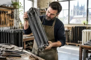 artisan inspectant des radiateurs fonte maison ancienne Metz dans un atelier lumineux