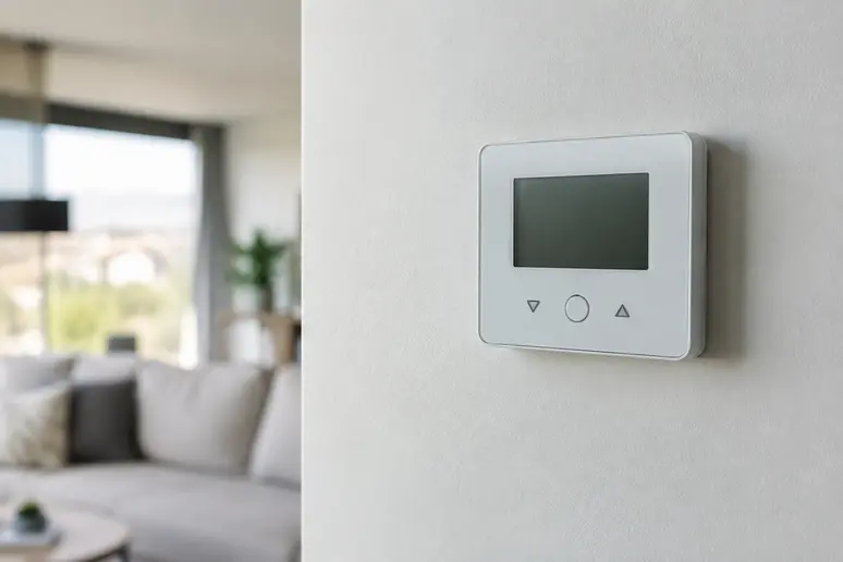 Thermostat d'ambiance mural installé sur une cloison dans une pièce de vie en Lorraine