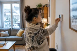 Un habitant ajuste le réglage thermostat chauffage Lorraine dans son salon en hiver.