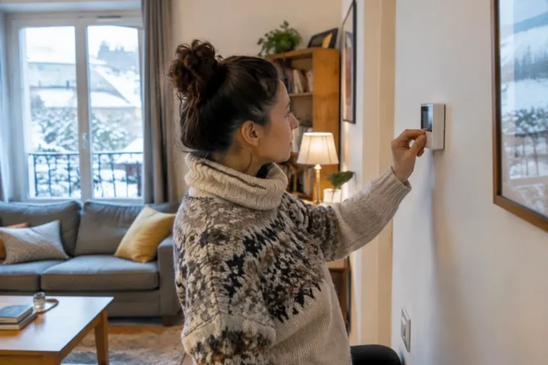 Un habitant ajuste le réglage thermostat chauffage Lorraine dans son salon en hiver.