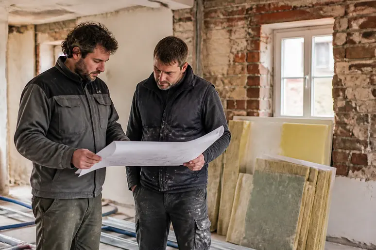 Professionnels du bâtiment analysant les plans d'une rénovation énergétique globale en Lorraine