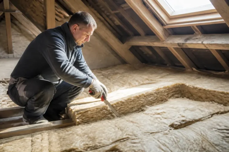 Artisan posant de l'isolant dans des combles lors d'une rénovation énergétique Lorraine
