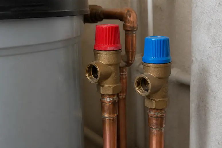 Gros plan sur les repères colorés d'une soupape de sécurité chaudière rouge et bleue