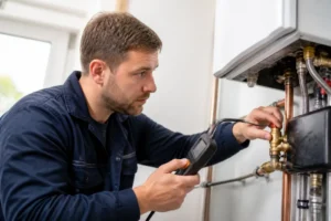 Un technicien qualifié contrôle une soupape de sécurité chaudière dans une chaufferie domestique bien éclairée.