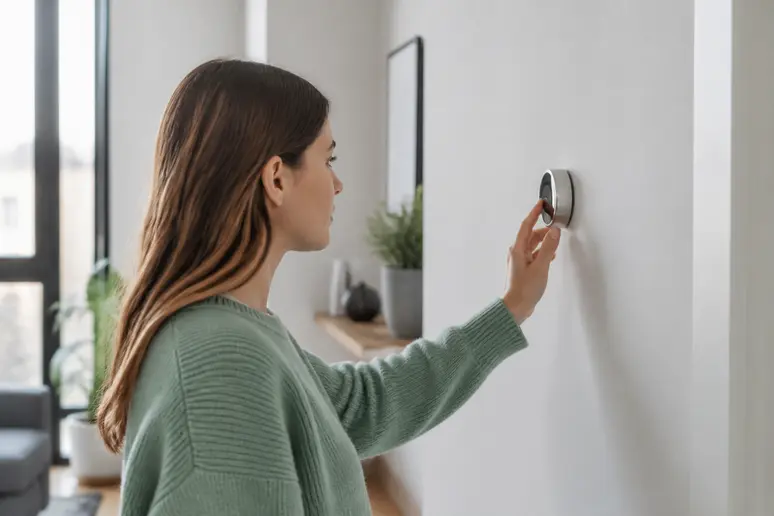 Réglage de la température sur un thermostat d'ambiance moderne fixé au mur.
