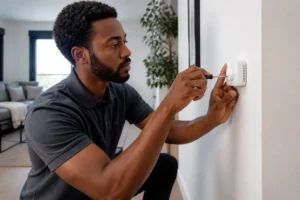 Installation d'un thermostat d’ambiance moderne sur le mur d'un salon lumineux