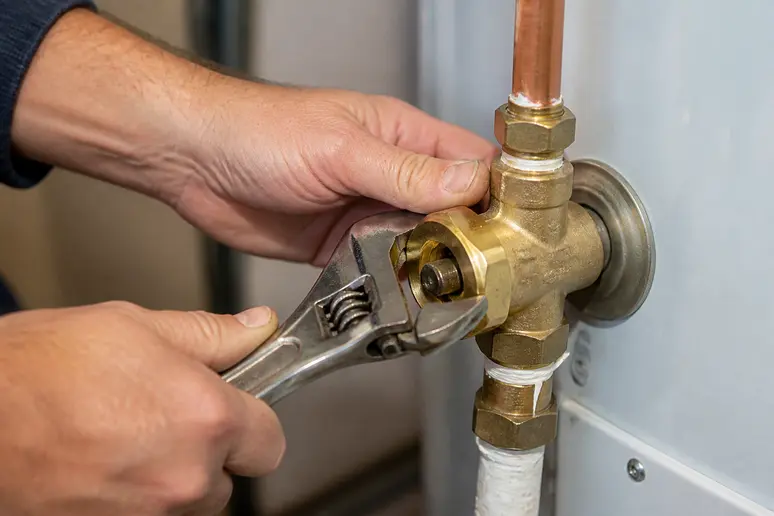 Mains utilisant une clé à molette sur un raccord de plomberie pour la vidange d'un chauffe-eau