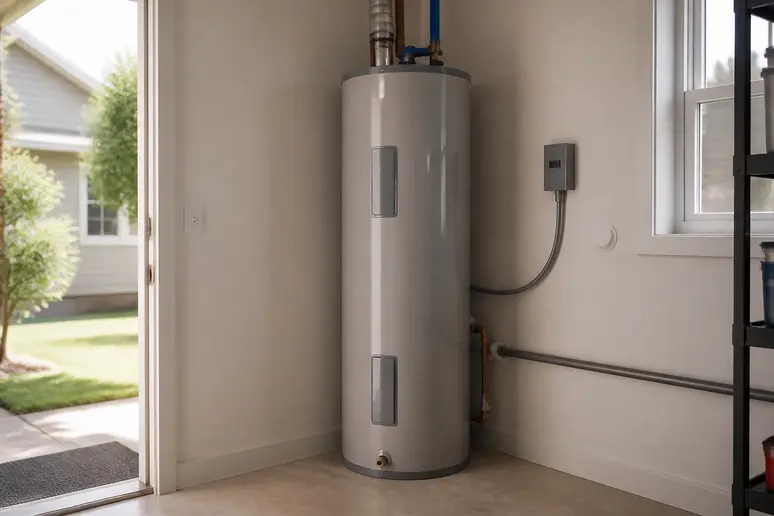 Grand ballon d'eau chaude vertical installé dans un local technique résidentiel