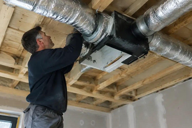 Artisan posant les gaines d'une installation de VMC double flux dans un logement