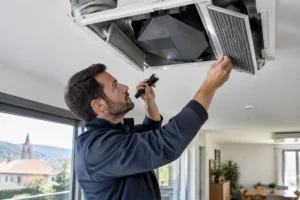 Technicien inspectant le système d'une VMC double flux Lorraine dans une maison lumineuse