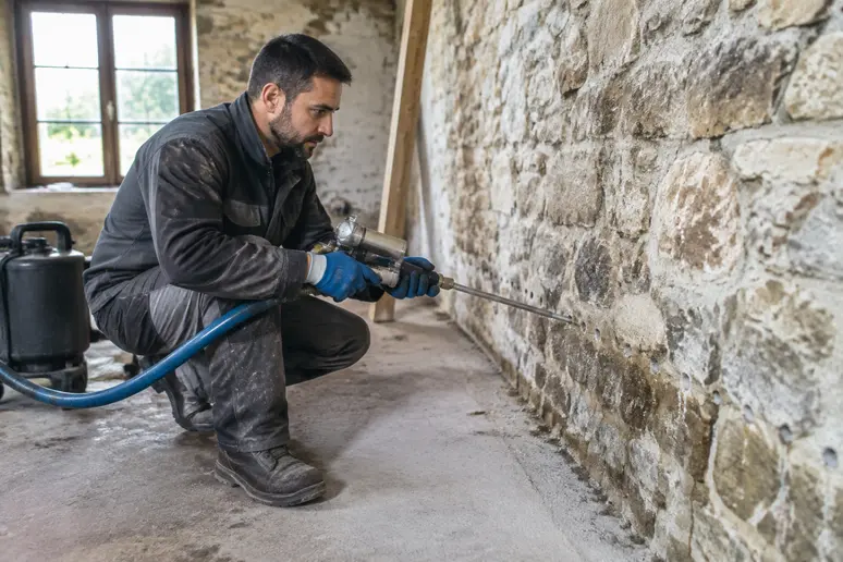 Injection de résine hydrofuge dans le bas d'un mur en pierre pour traiter les remontées capillaires