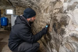 Un technicien inspecte les murs humides d'une cave avec une VMC maison ancienne Lorraine
