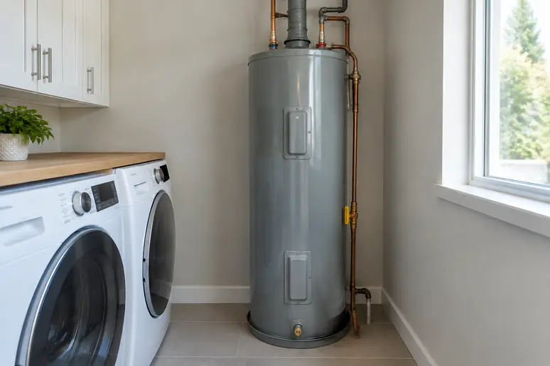 Réservoir cylindrique d'un ballon d'eau chaude installé dans un local technique résidentiel