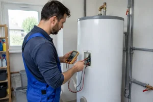 Un plombier inspecte un ballon d’eau chaude moderne installé dans une buanderie résidentielle.